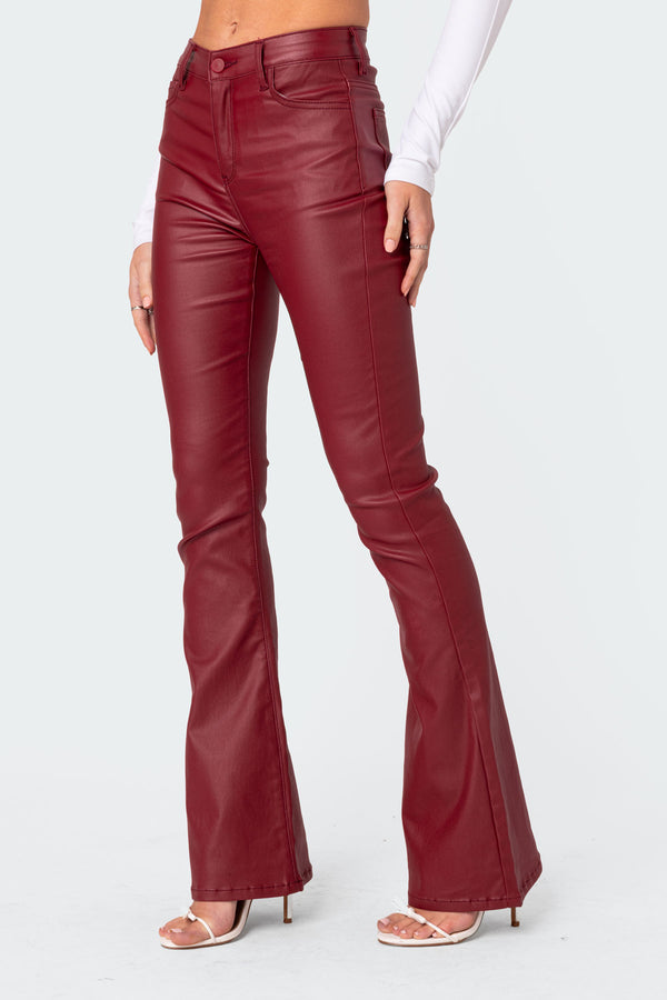 Edikted Luna Faux Leather Flare Jeans Burgundy