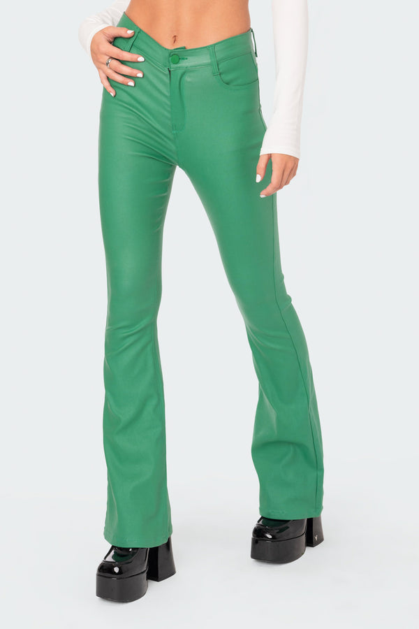 Edikted Luna Faux Leather Flare Jeans Green