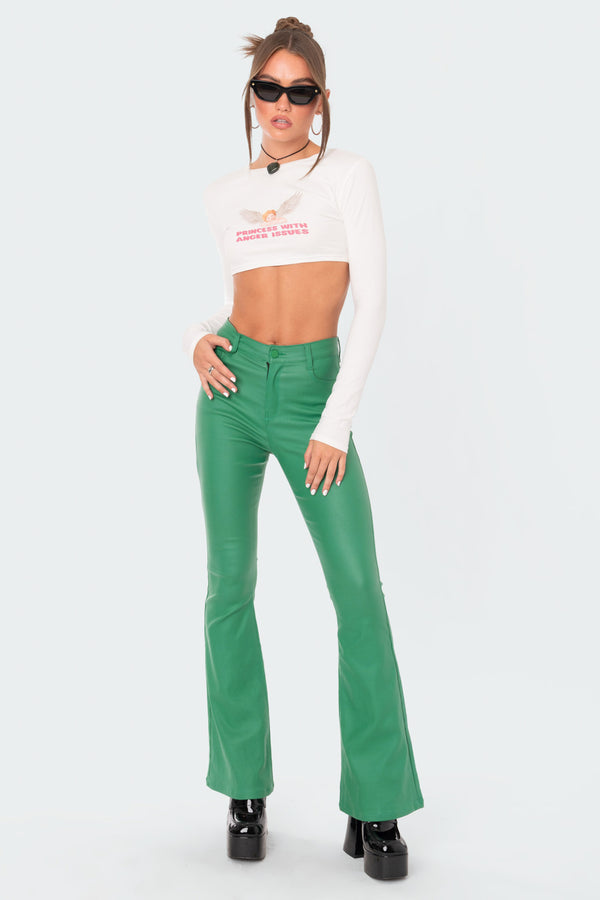 edikted Luna Faux Leather Flare Jeans green