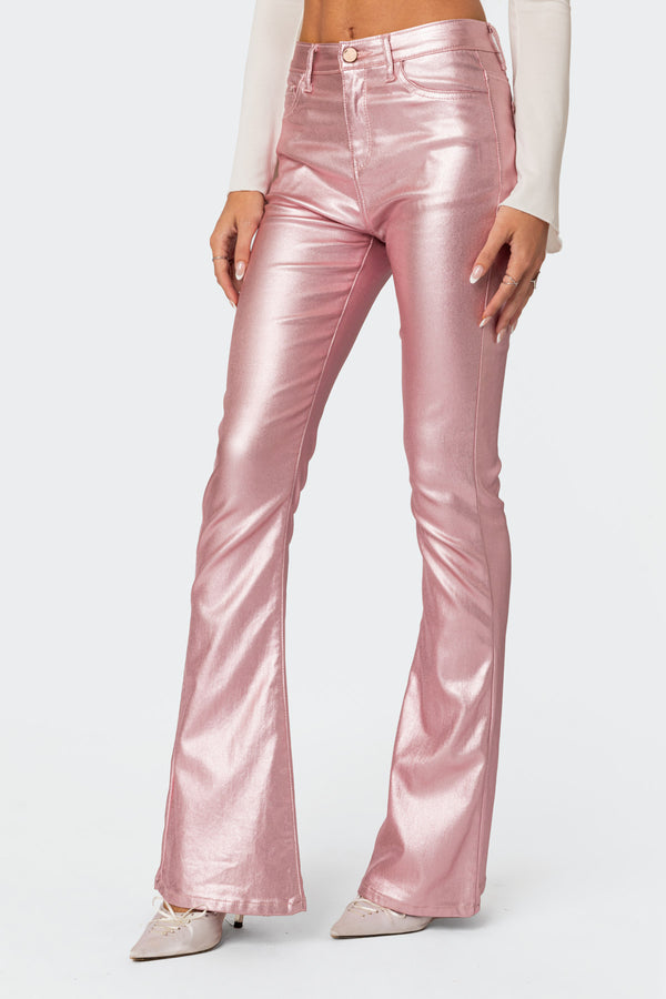 Edikted Luna Faux Leather Flare Jeans Metalic Pink