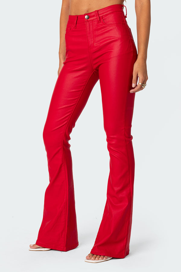 Edikted Luna Faux Leather Flare Jeans Red