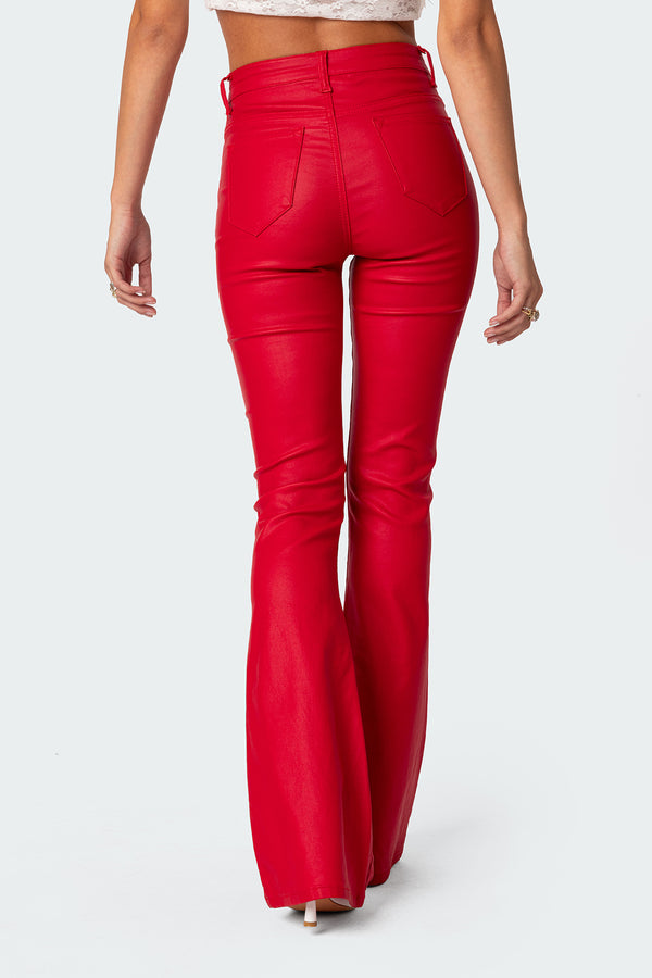 Edikted Luna Faux Leather Flare Jeans Red
