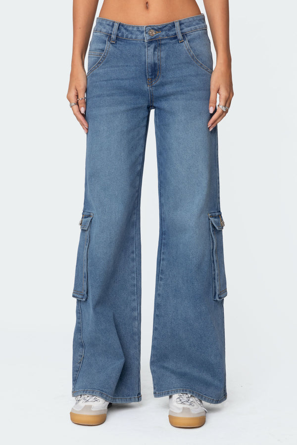 Edikted Lunar Low Rise Cargo Jeans Blue Washed