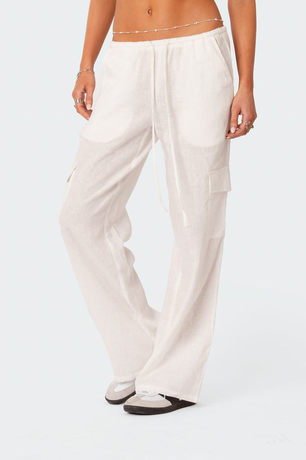 Edikted Lyric Linen Look Cargo Pants White