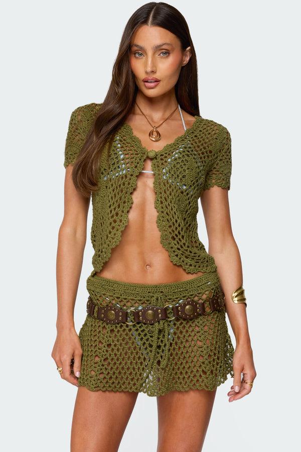 edikted Mabelle Crochet Split Front Top olive