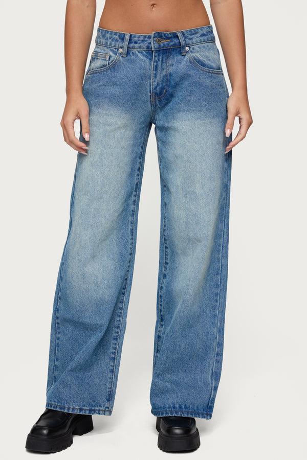 Edikted Magda Low Rise Acid Wash Jeans Blue Washed