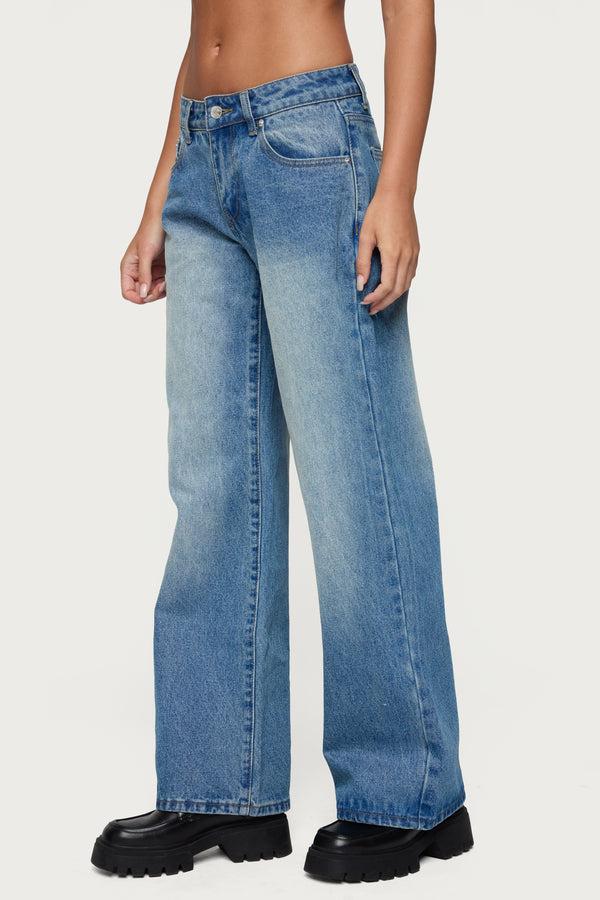 Edikted Magda Low Rise Acid Wash Jeans Blue Washed