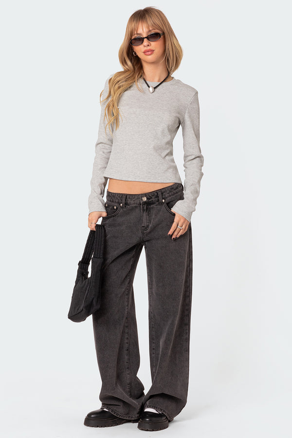 Edikted Marny Long Sleeve Waffle Top Gray Melange