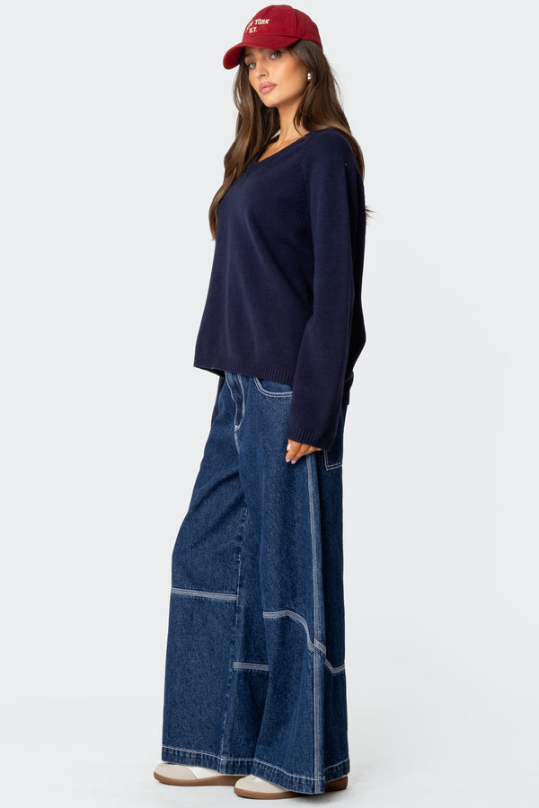 Edikted Martha Oversized V Neck Sweater Navy