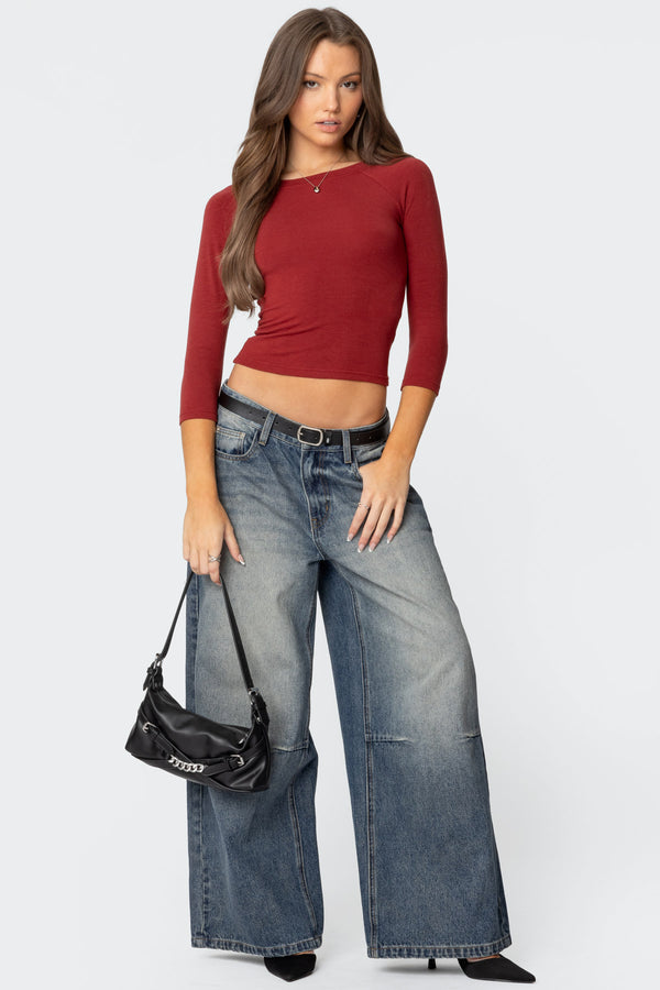 Edikted Mary Quarter Sleeve Wide Neck Top Burgundy