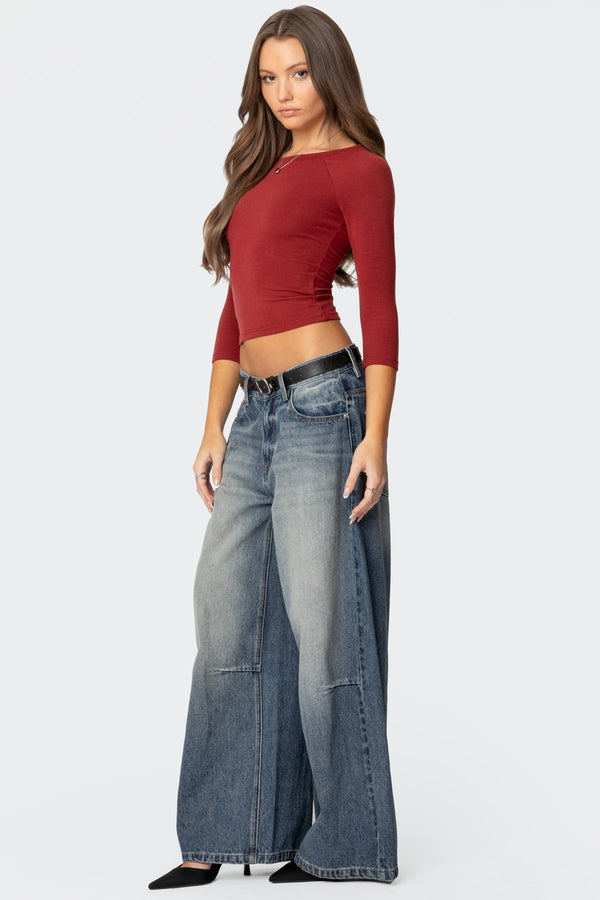 Edikted Mary Quarter Sleeve Wide Neck Top Burgundy