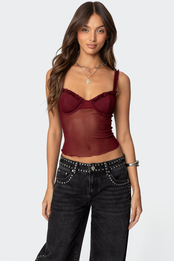 edikted Mercy Sheer Mesh Bra Top burgundy