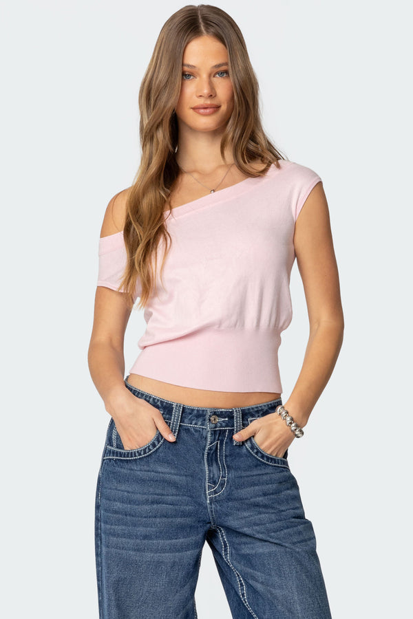 Edikted Michaela Off Shoulder Knit Top Light Pink