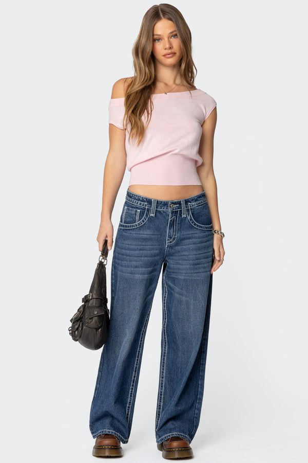 Edikted Michaela Off Shoulder Knit Top Light Pink