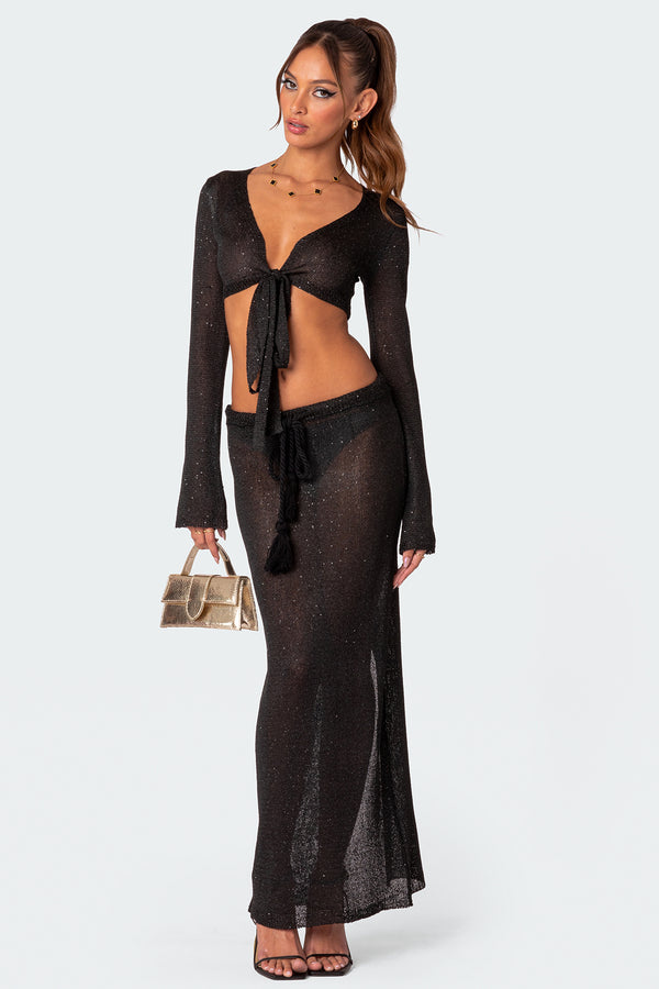 Edikted Micro Sequin Tie Front Knit Crop Top Black