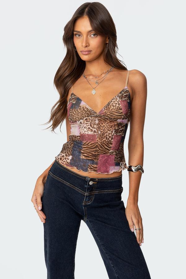 edikted Mixed Animal Print Mesh Tank Top mix