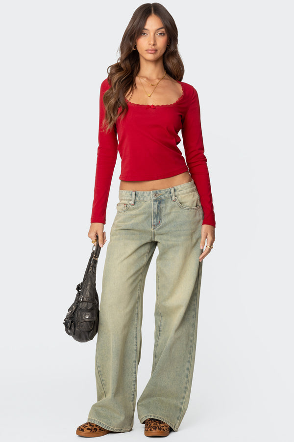 Edikted Mora Lace Trim Ribbed T Shirt Red