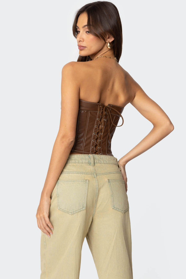 Edikted Moss Faux Leather Lace Up Corset Brown