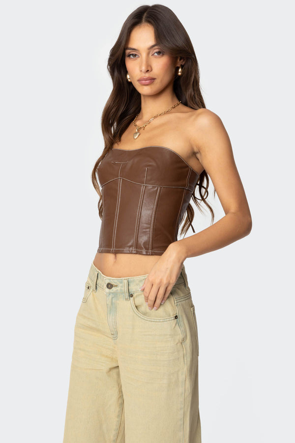 Edikted Moss Faux Leather Lace Up Corset Brown