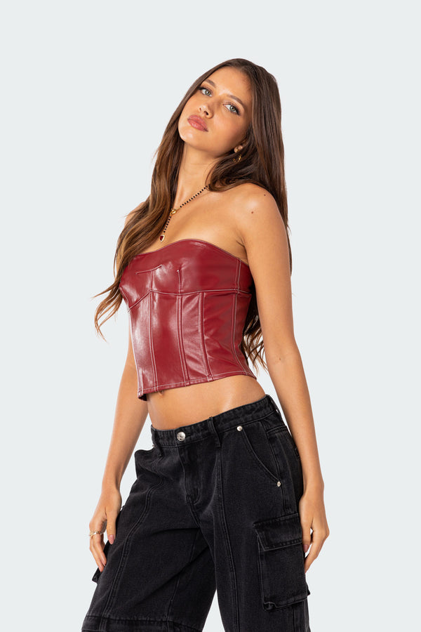 Edikted Moss Faux Leather Lace Up Corset Burgundy