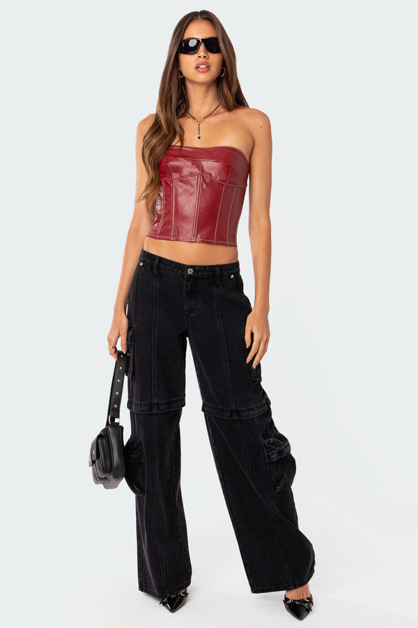 Edikted Moss Faux Leather Lace Up Corset Burgundy