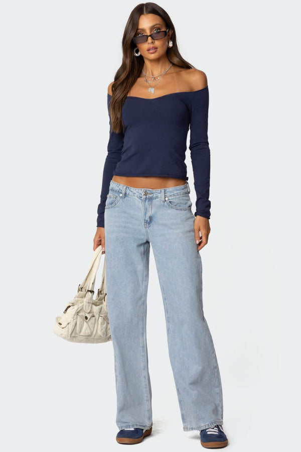 Edikted Nattie Off Shoulder V Neck Top Navy
