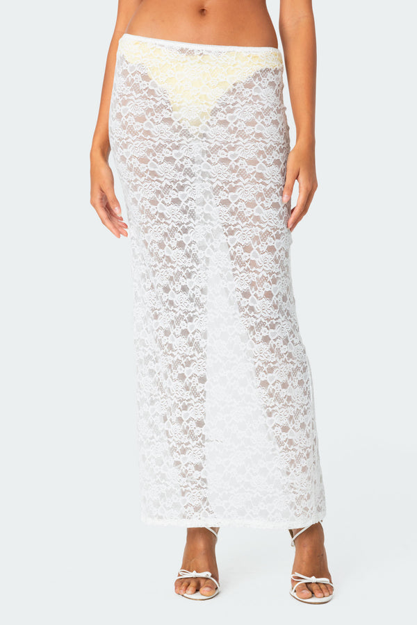 Edikted Oceana Sheer Lace Maxi Skirt White