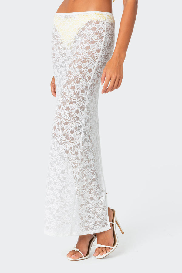 Edikted Oceana Sheer Lace Maxi Skirt White