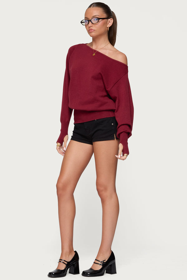 Edikted Off Shoulder Oversized Sweater Burgundy