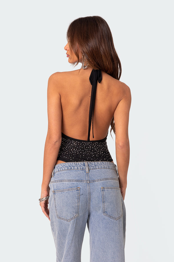 Edikted Open Back Mesh Rhinestone Bodysuit Black