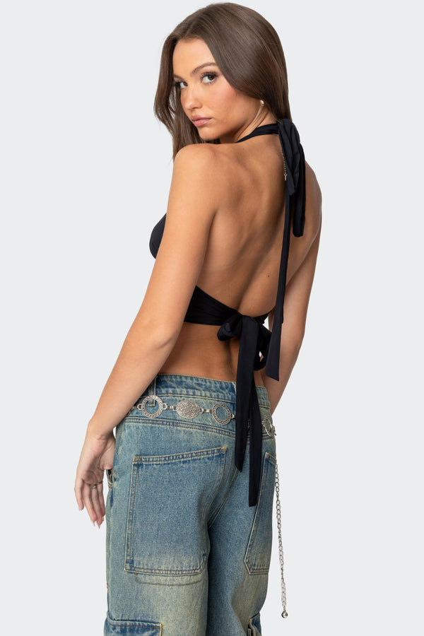 Edikted Open Back Triangle Halter Top Black