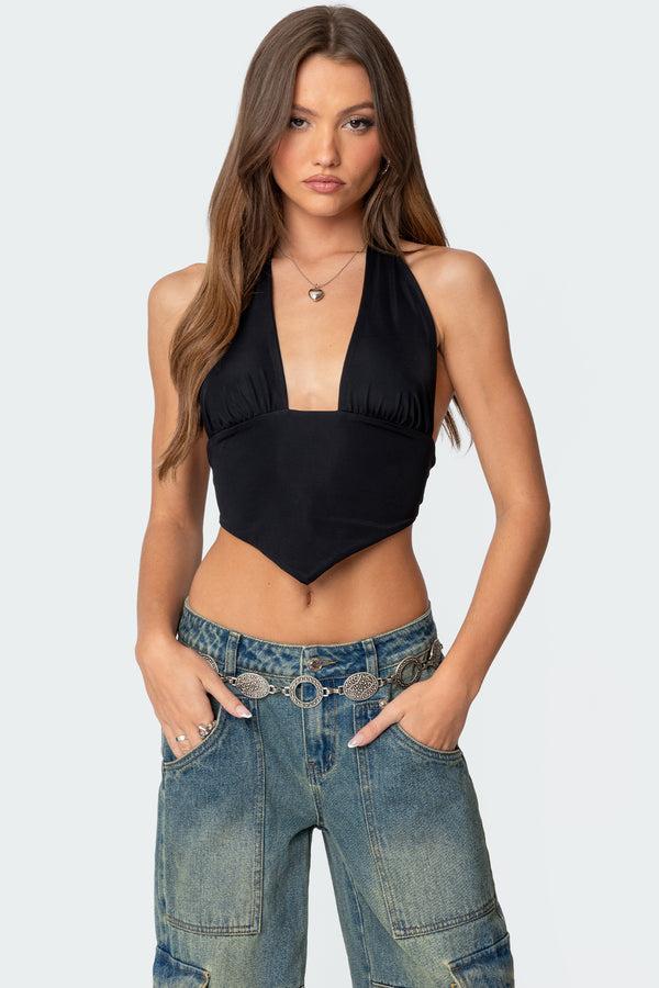 edikted Open Back Triangle Halter Top black