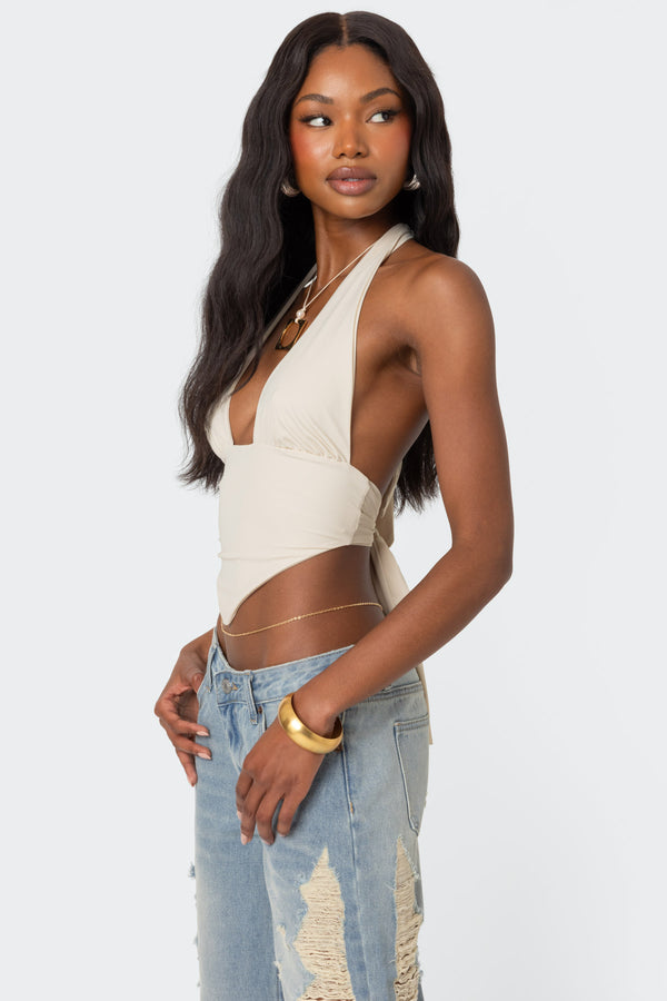 Edikted Open Back Triangle Halter Top Cream