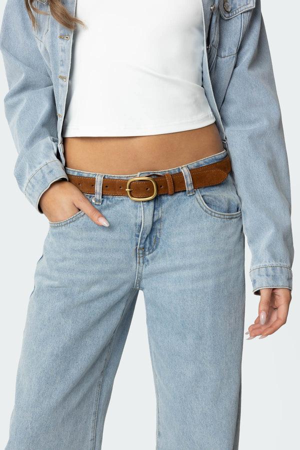 edikted Oval Buckle Faux Suede Belt brown