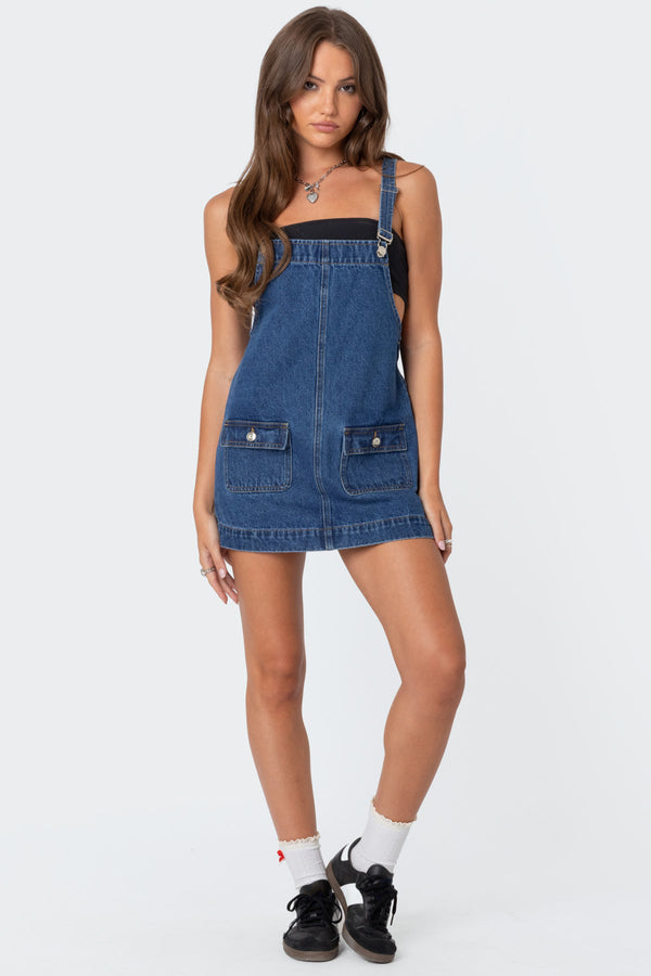 Edikted Overall Denim Mini Dress Blue Washed