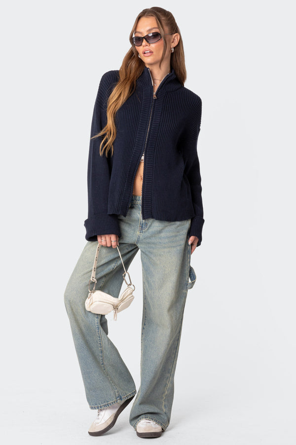 Edikted Oversized Zip Up Turtle Neck Cardigan Navy