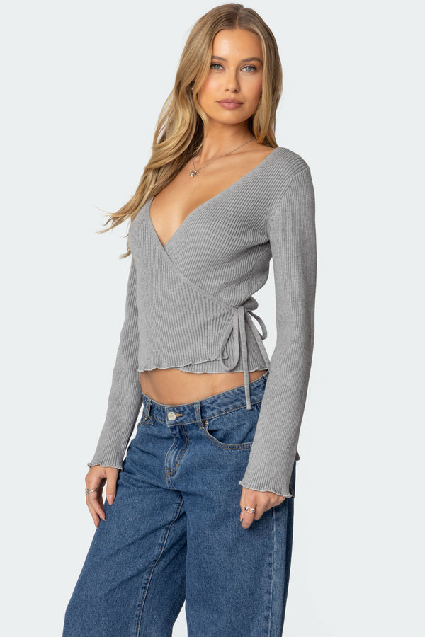 Edikted Paden Ribbed Knit Wrap Top Gray Melange