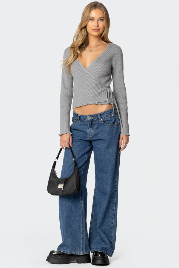 Edikted Paden Ribbed Knit Wrap Top Gray Melange