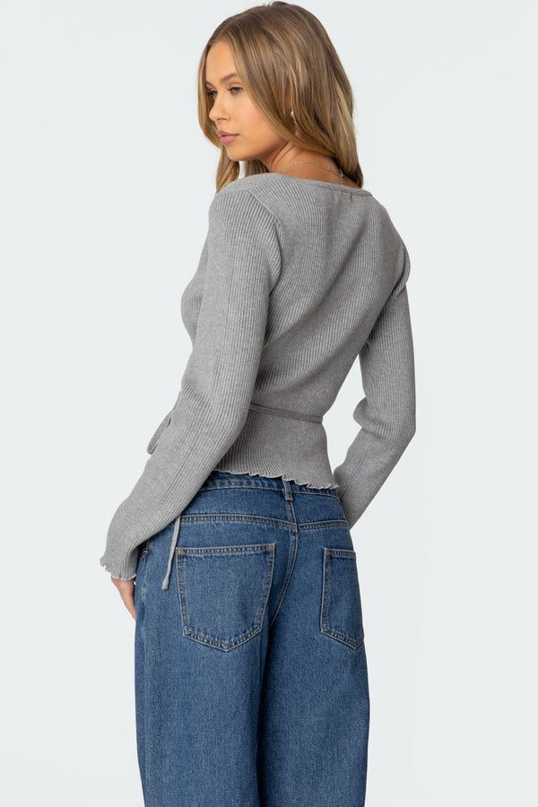 Edikted Paden Ribbed Knit Wrap Top Gray Melange