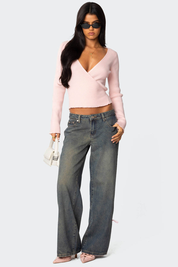 Edikted Paden Ribbed Knit Wrap Top Light Pink