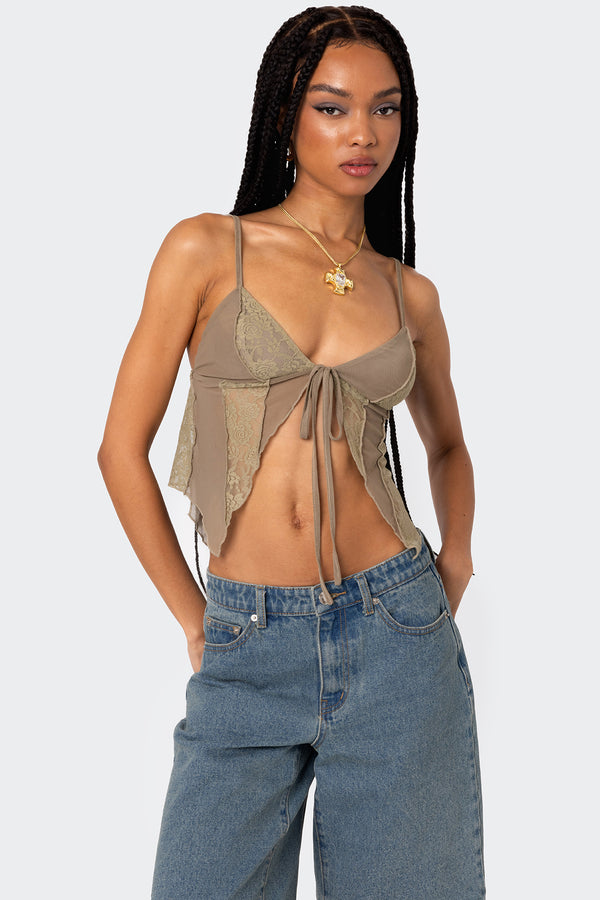 edikted Patchwork Lacey Mesh Top olive