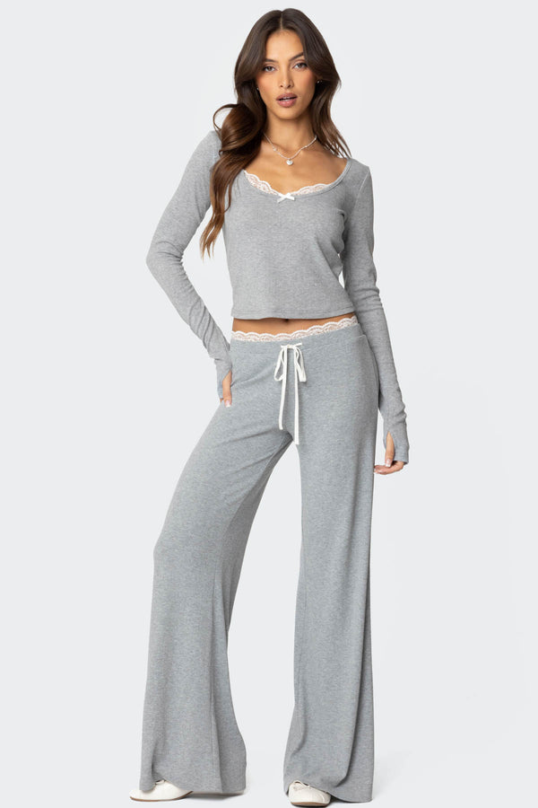 Edikted Peekaboo Lace Long Sleeve Top Gray Melange