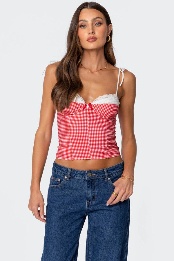 edikted Peekaboo Lacey Gingham Corset red