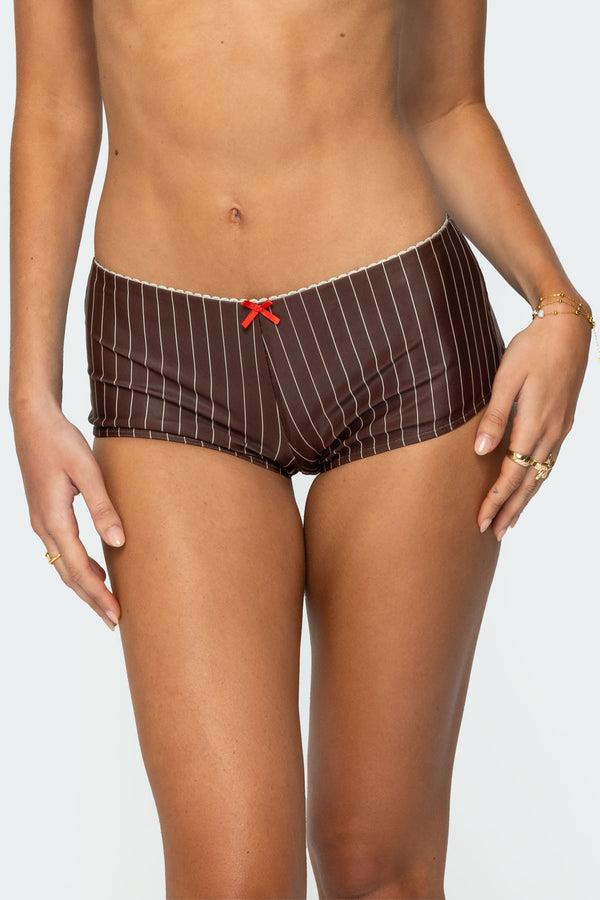 Edikted Pinstripe Boyshort Bikini Bottom Brown