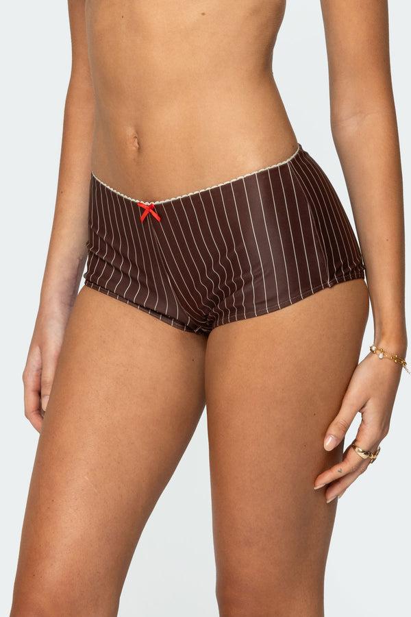 Edikted Pinstripe Boyshort Bikini Bottom Brown