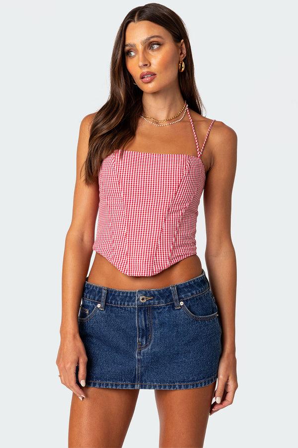 edikted Pippa Gingham Lace Up Corset red