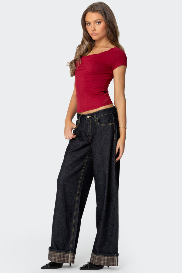 Edikted Plaid Cuffed Low Rise Jeans Blue