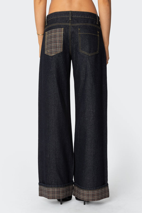 Edikted Plaid Cuffed Low Rise Jeans Blue