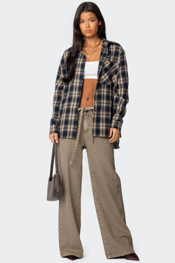 Edikted Plaid Flannel Button Up Shirt Navy