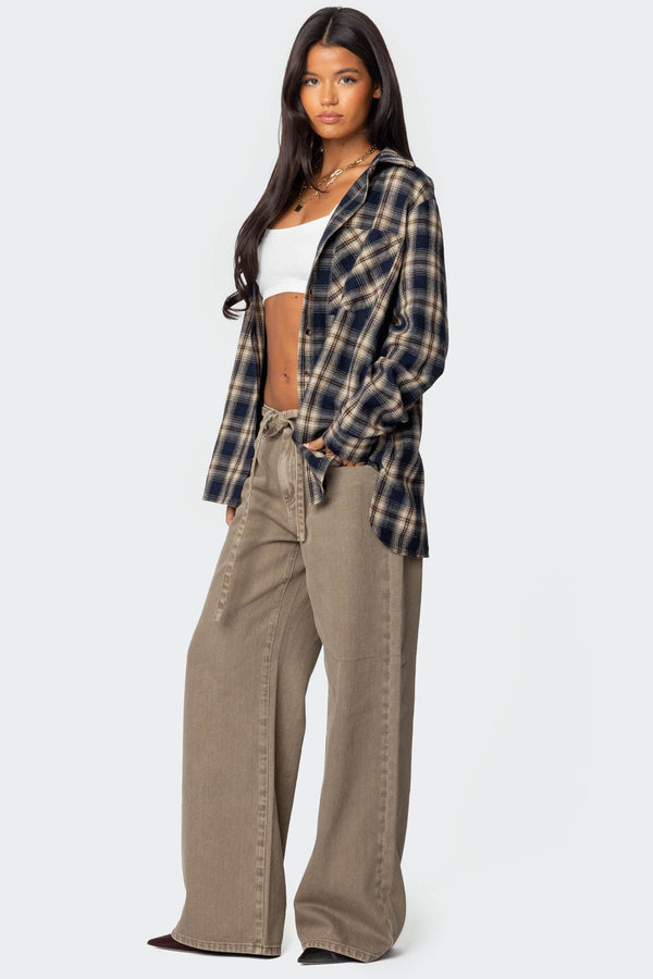 Edikted Plaid Flannel Button Up Shirt Navy